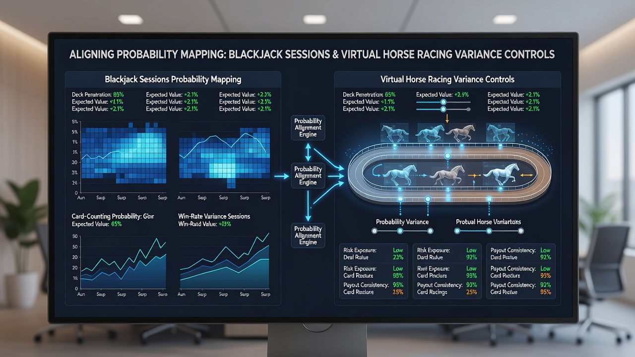 Virtual horse racing interface showing probability overlays and variance control metrics