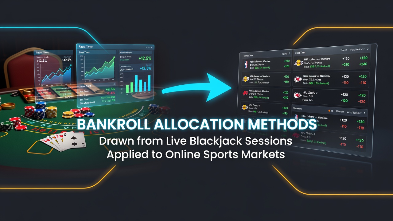 Blackjack table layout with chips and cards illustrating session-based fund division during live play