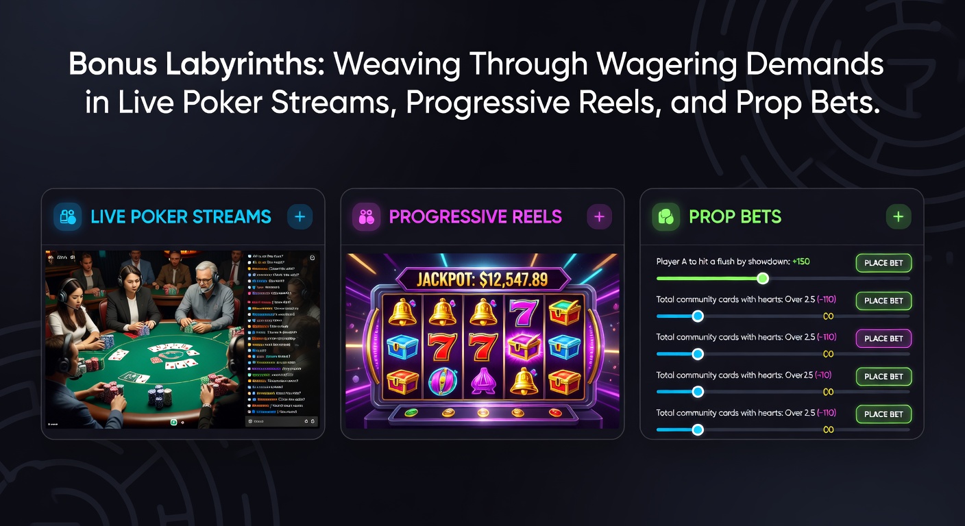 A digital illustration of a complex maze shaped like casino chips and cards, symbolizing the intricate paths of bonus wagering requirements in online gaming