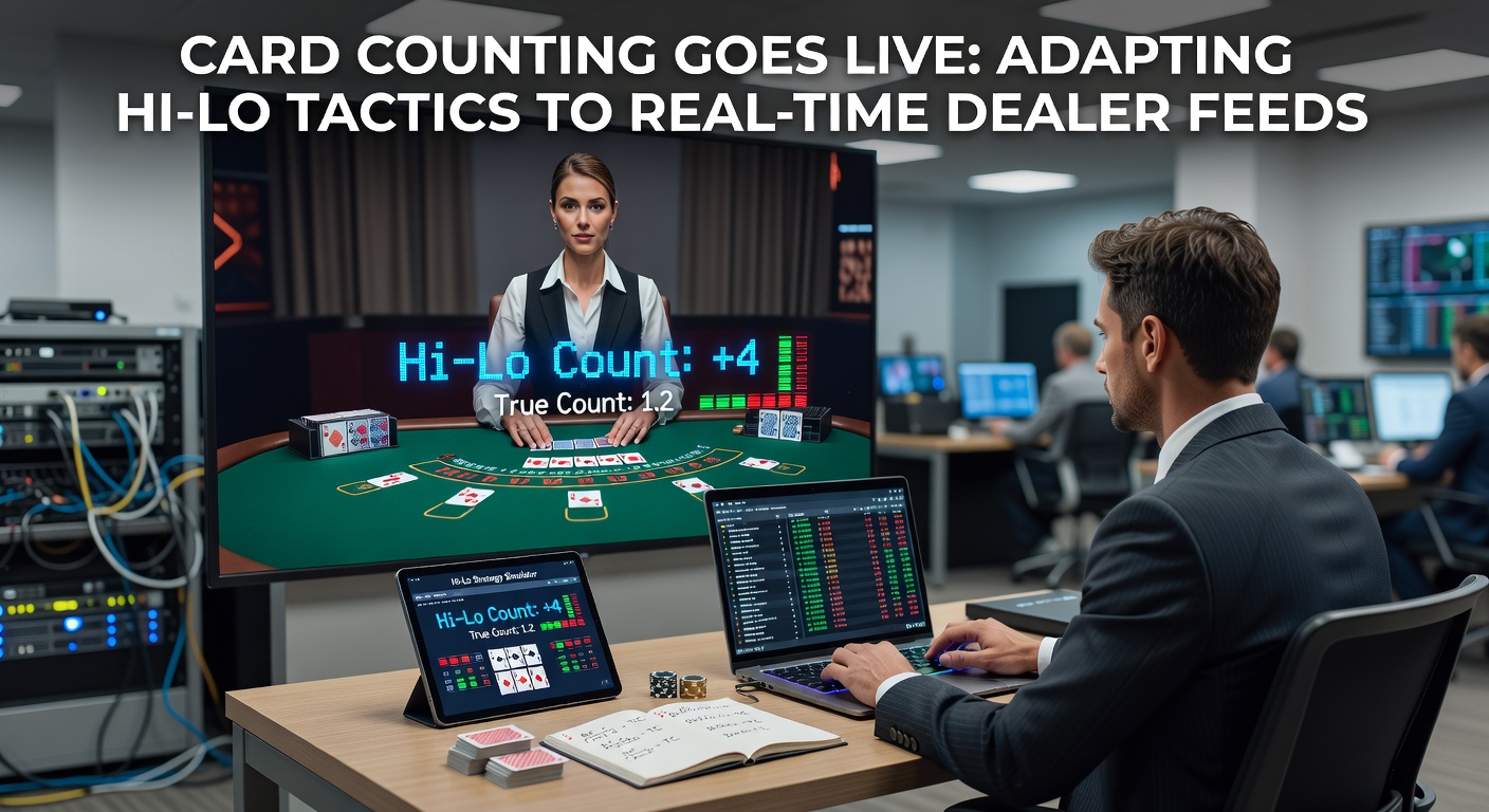 A live dealer shuffling cards at a blackjack table streamed in real-time, with digital overlays showing card values for counting practice