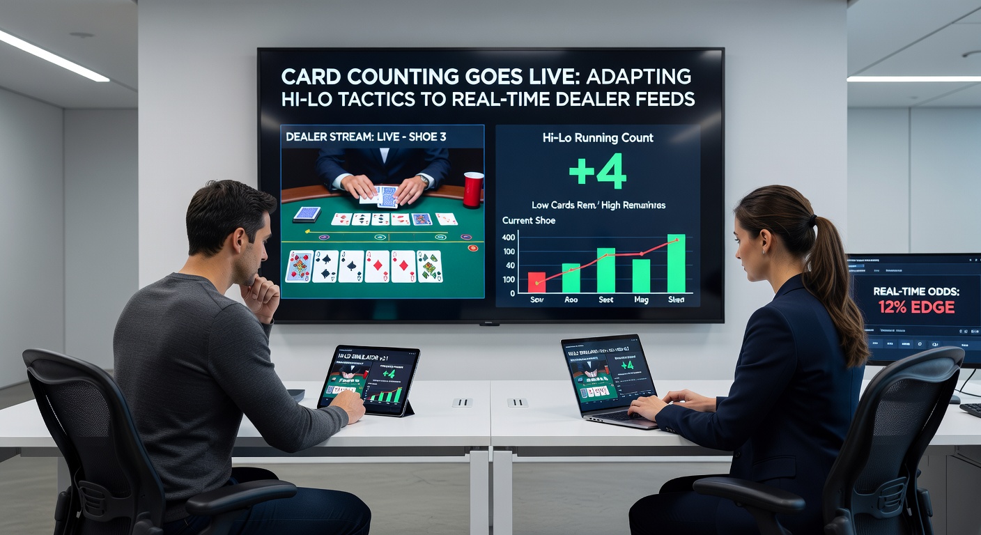 Digital screen split between a live blackjack feed and a Hi-Lo count tracker app displaying running and true counts in real-time