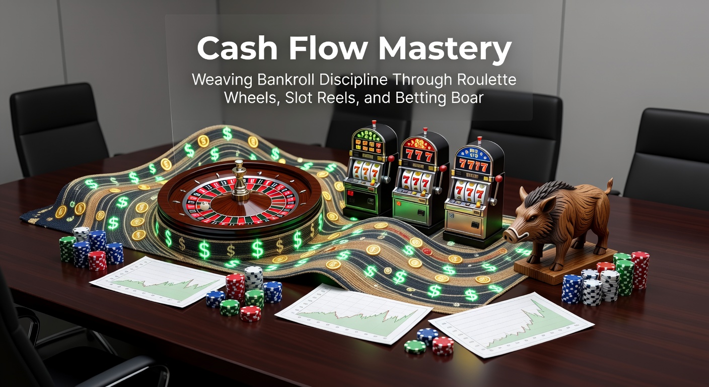 Close-up of slot reels aligning symbols on a jackpot win, next to a bankroll tracking notebook, highlighting disciplined wagering amid high-volatility spins