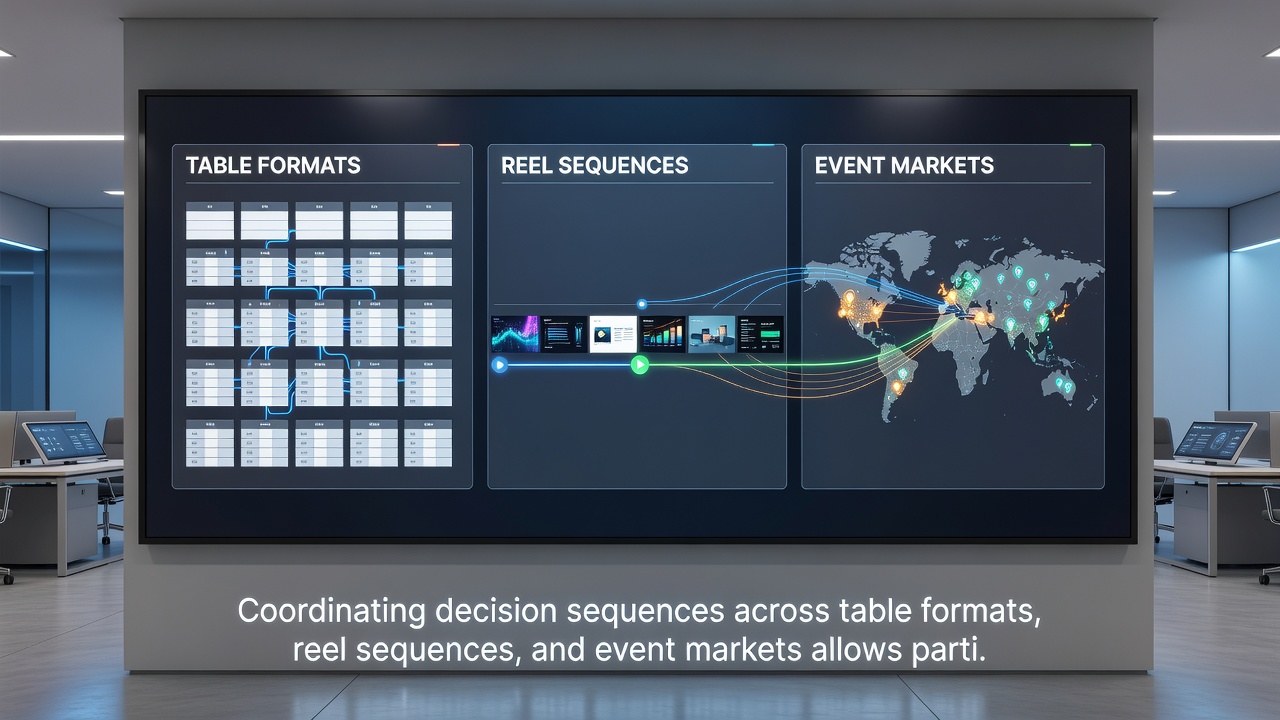 Diagram showing decision flow between table formats, reel sequences, and event markets with shared probability metrics