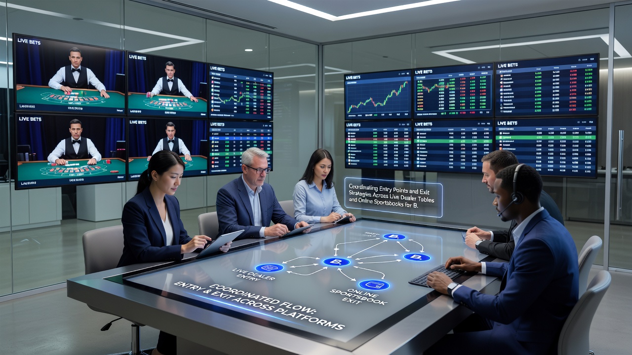 Flowchart depicting exit strategy synchronization between live dealer sessions and sportsbook positions
