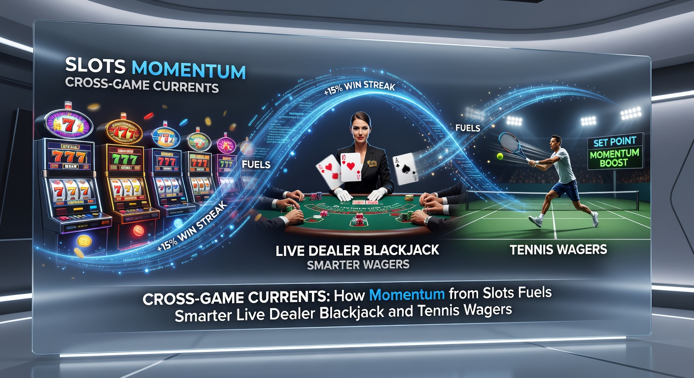 Dynamic split-screen of slot jackpot celebration flowing into live blackjack dealer dealing cards and a tennis player serving during a momentum surge