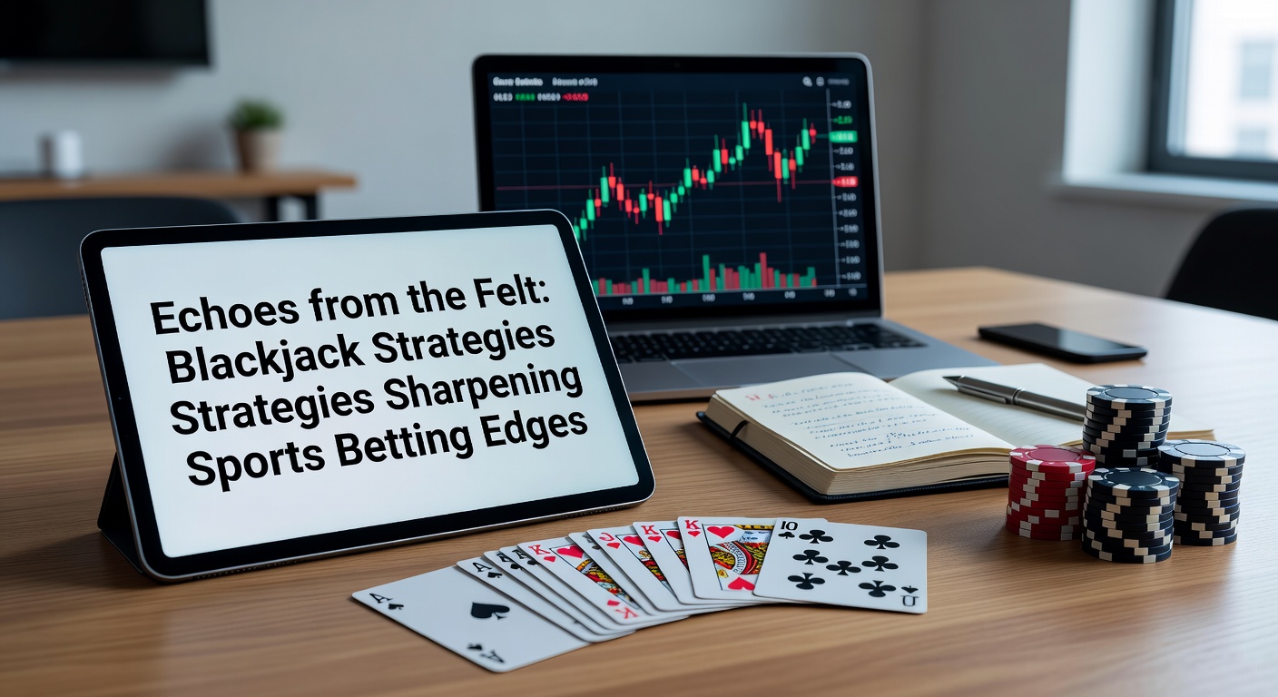 A blackjack table setup juxtaposed with glowing sports betting screens, highlighting strategic overlaps between card play and wager analysis