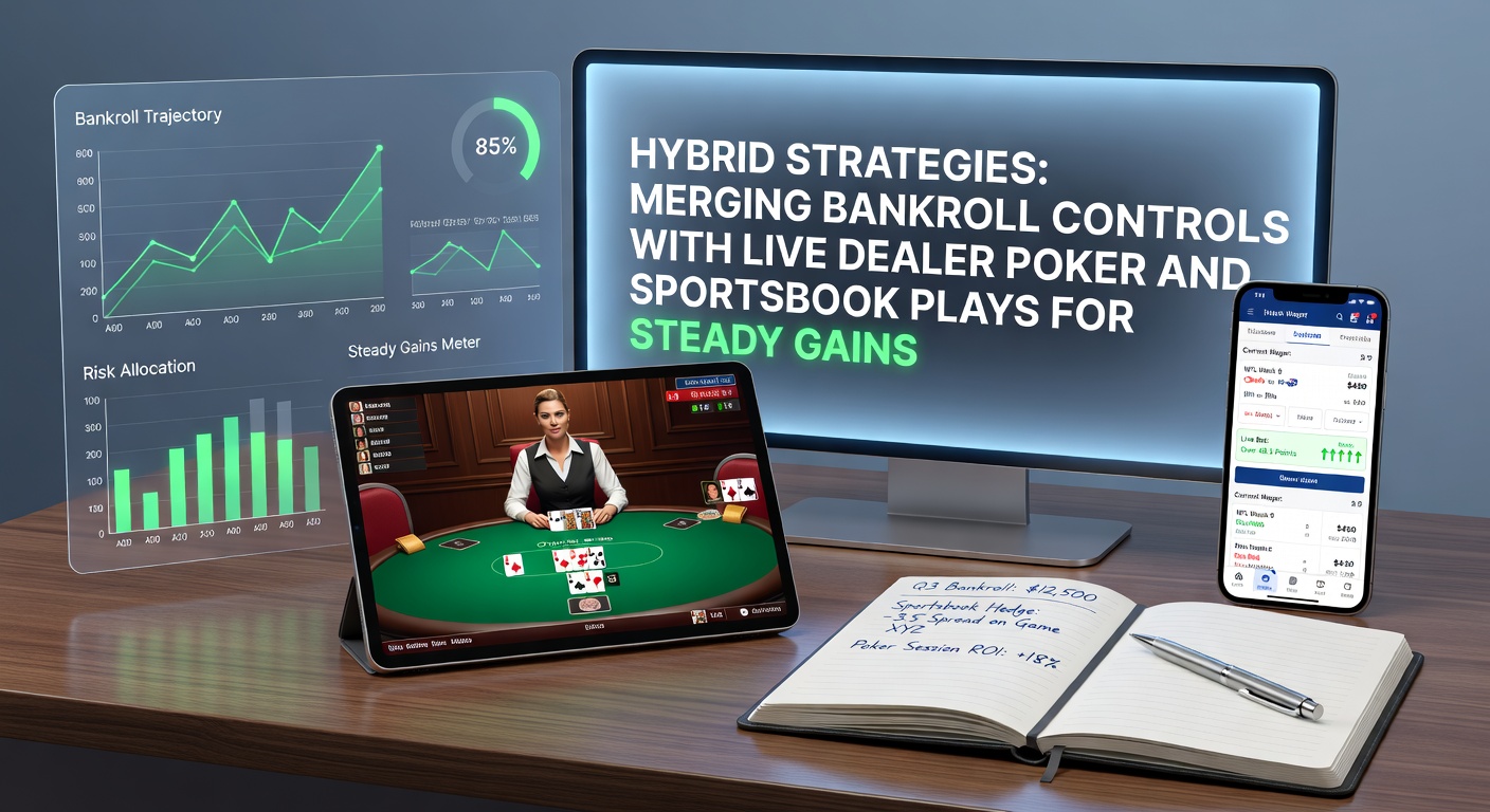 Digital graphic showing intertwined poker chips, sports betting slips, and a bankroll calculator on a sleek gaming interface, symbolizing merged strategies