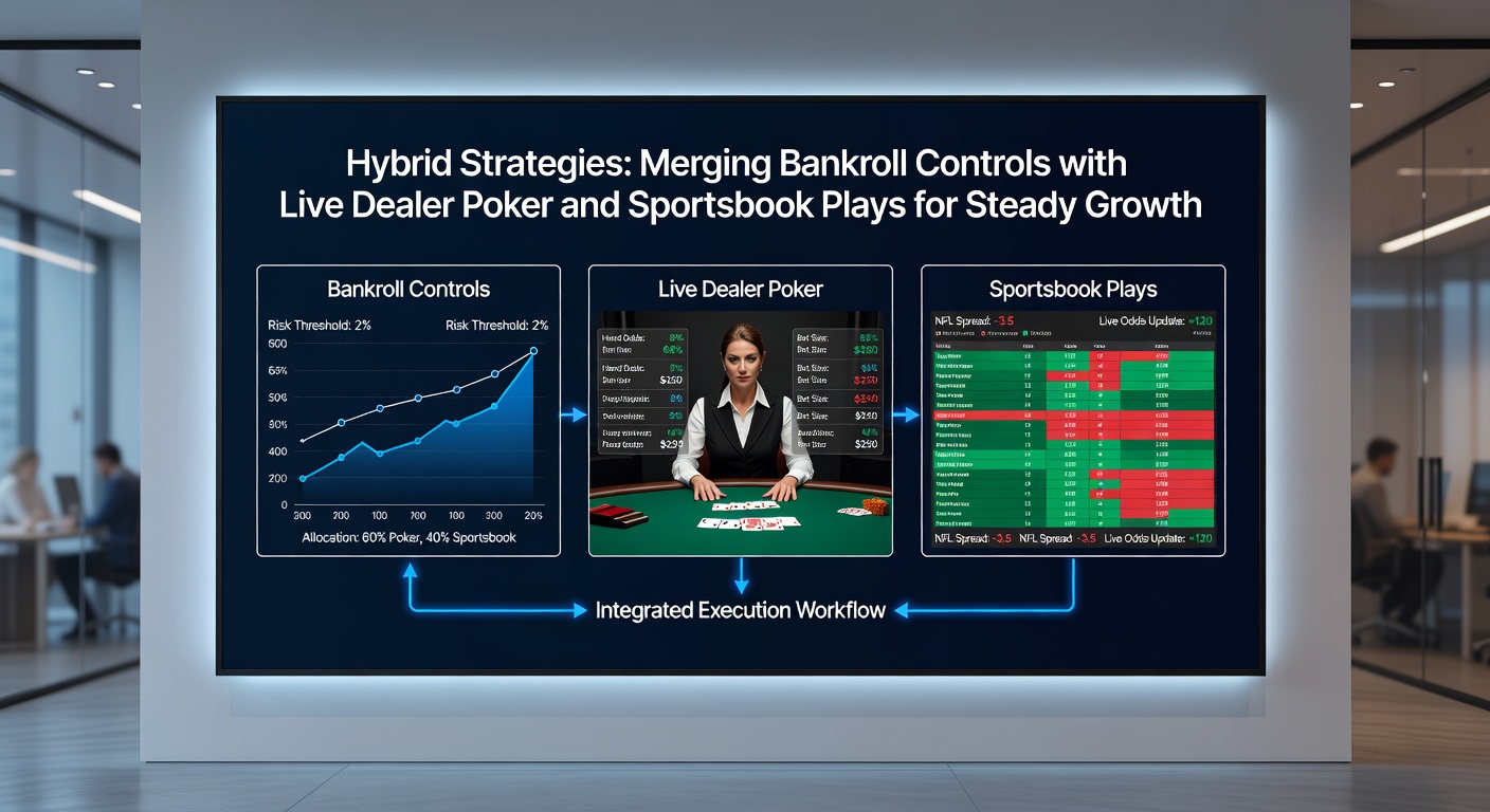 Close-up of a player at a live dealer poker table on screen, overlaid with sportsbook odds board and bankroll progress chart, illustrating real-time hybrid decision-making