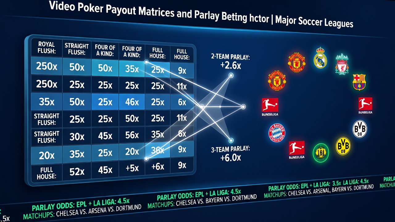 Detailed chart showing overlapping payout matrices from video poker variants and soccer parlay constructions across major leagues