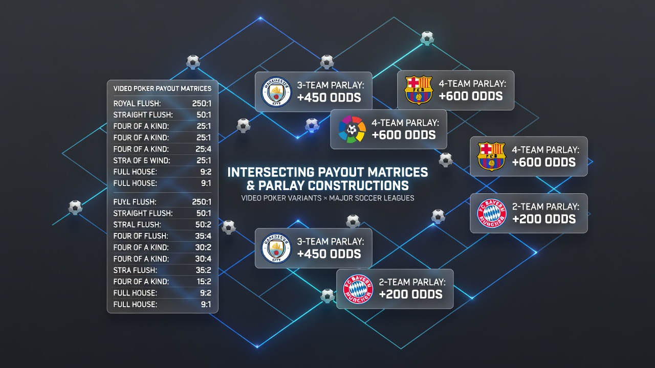 Infographic illustrating intersections between video poker payout grids and soccer parlay constructions