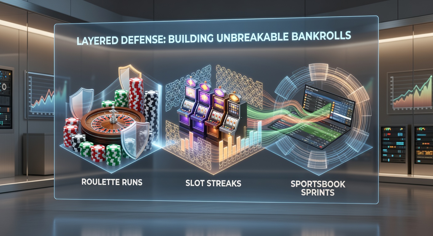 Visual representation of layered bankroll defenses showing stacked shields protecting a growing stack of casino chips during a roulette spin, slot reel, and sportsbook wager