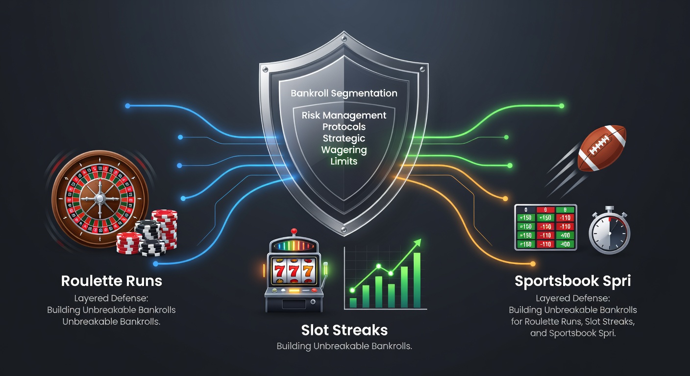 Illustration of a robust bankroll fortress with multiple barriers guarding against roulette losses, slot droughts, and betting upsets, featuring charts of preserved funds over extended play periods