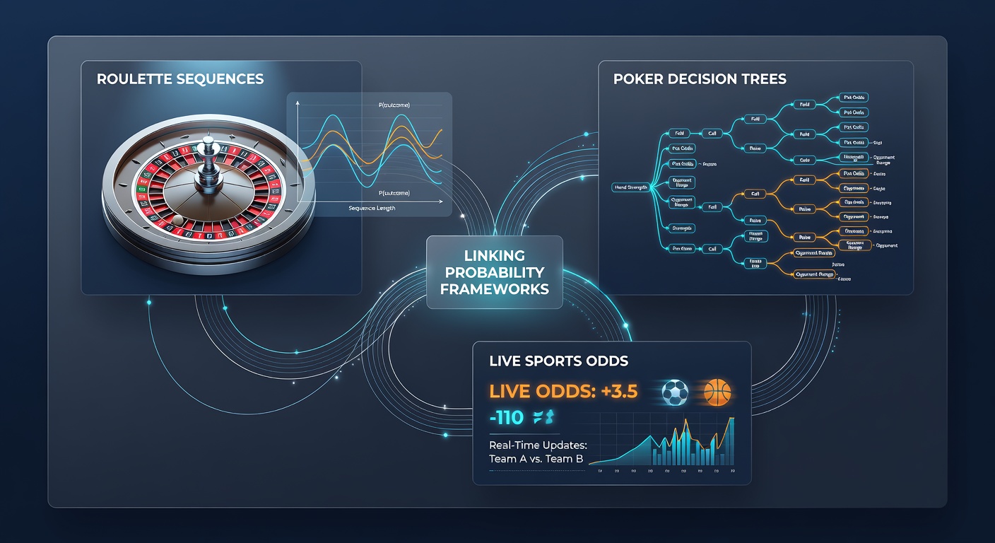 Flowchart illustrating the integration of roulette probability sequences with poker trees and sports odds models