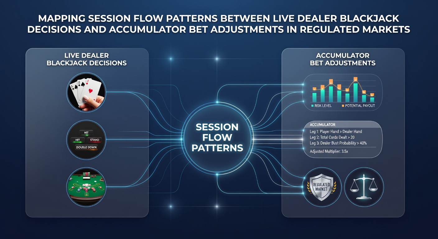Diagram illustrating session flow patterns between live dealer blackjack decisions and accumulator bet adjustments