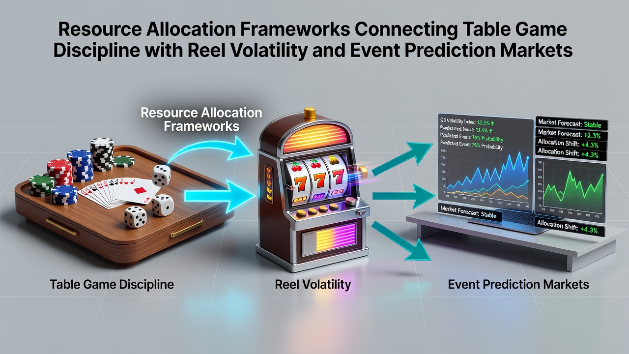 Diagram showing interconnected resource allocation between table games, slot reels, and prediction markets with arrows indicating fund flows and volatility adjustments