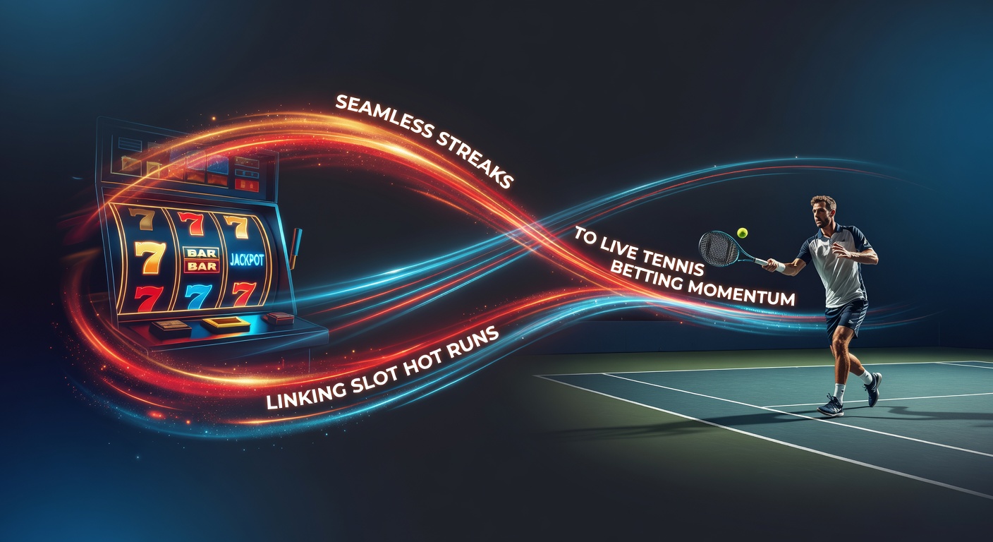Dynamic slot reels spinning during a hot streak alongside a live tennis match point, illustrating momentum parallels