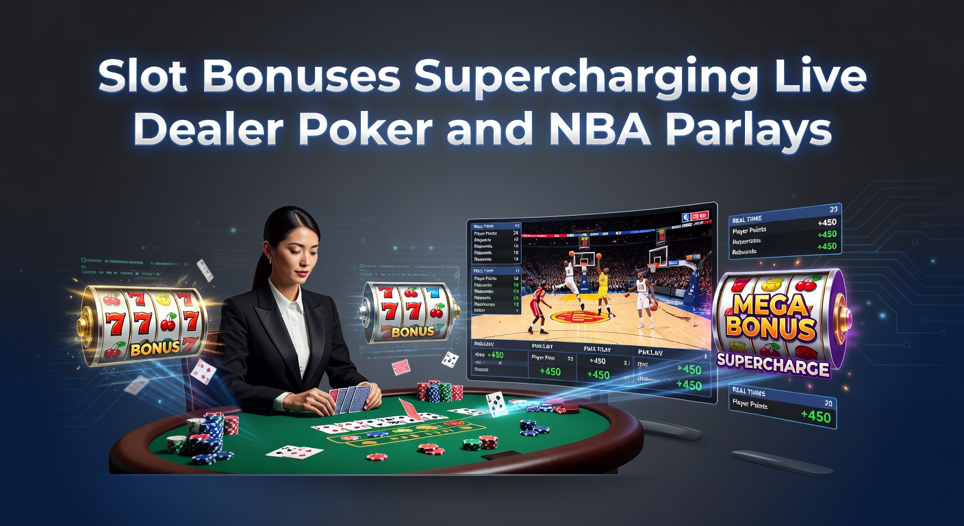 Vibrant slot machine display showing bonus features activating amid poker cards and basketball highlights in the background
