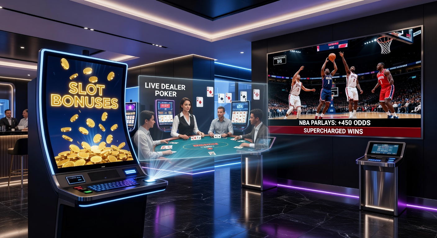 Dynamic split-screen of NBA parlay odds board next to exploding slot bonus reels and poker chips stacked high