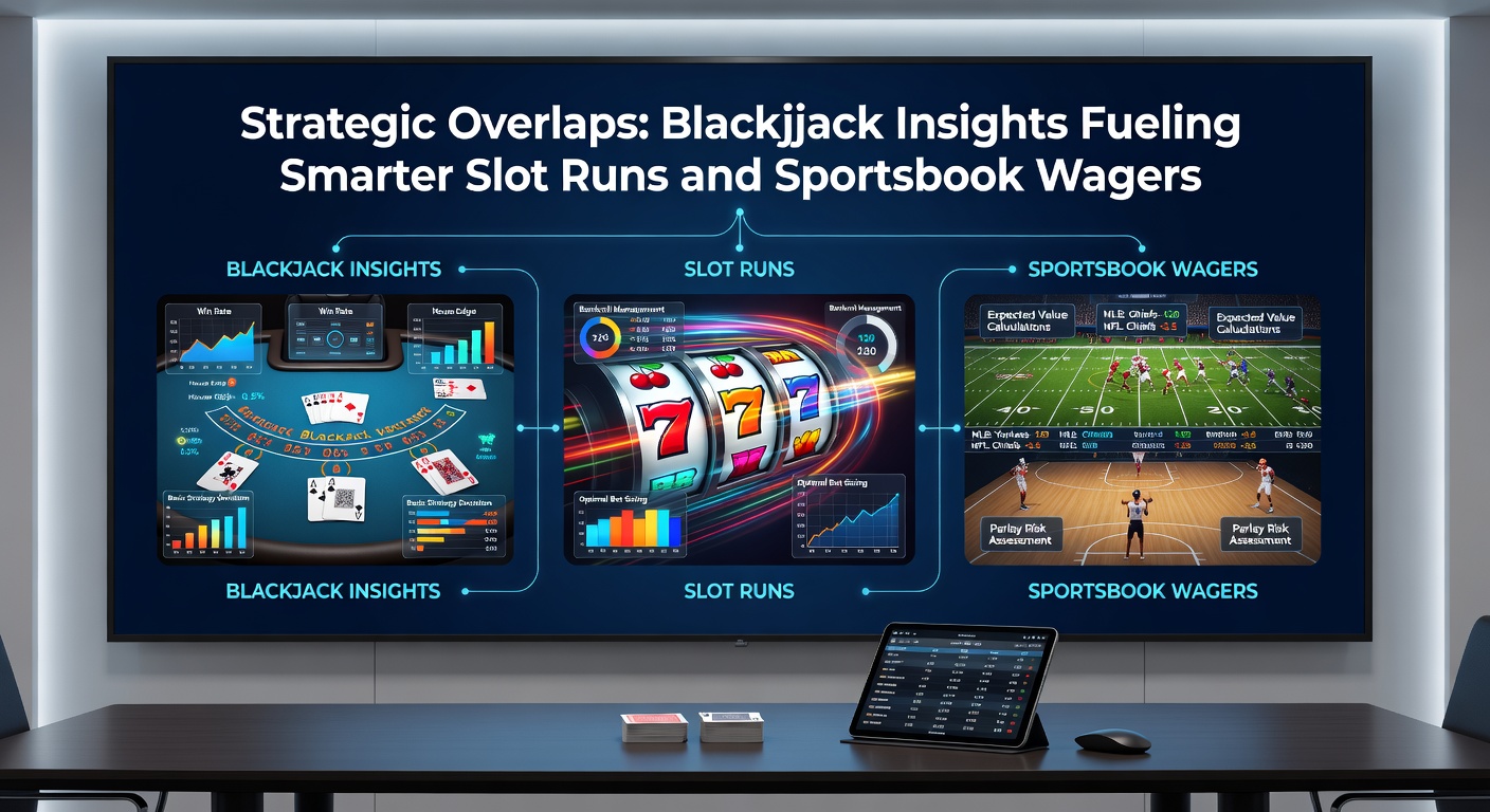 Close-up of blackjack cards alongside slot reels spinning and a sportsbook ticker showing shifting odds