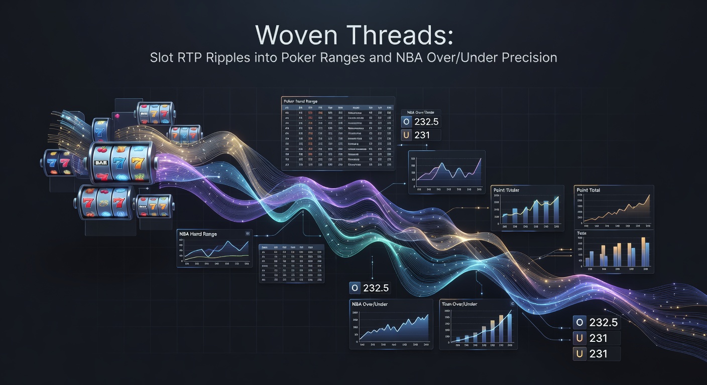 Infographic chart comparing slot RTP curves, poker equity distributions, and NBA over/under line movements over a season